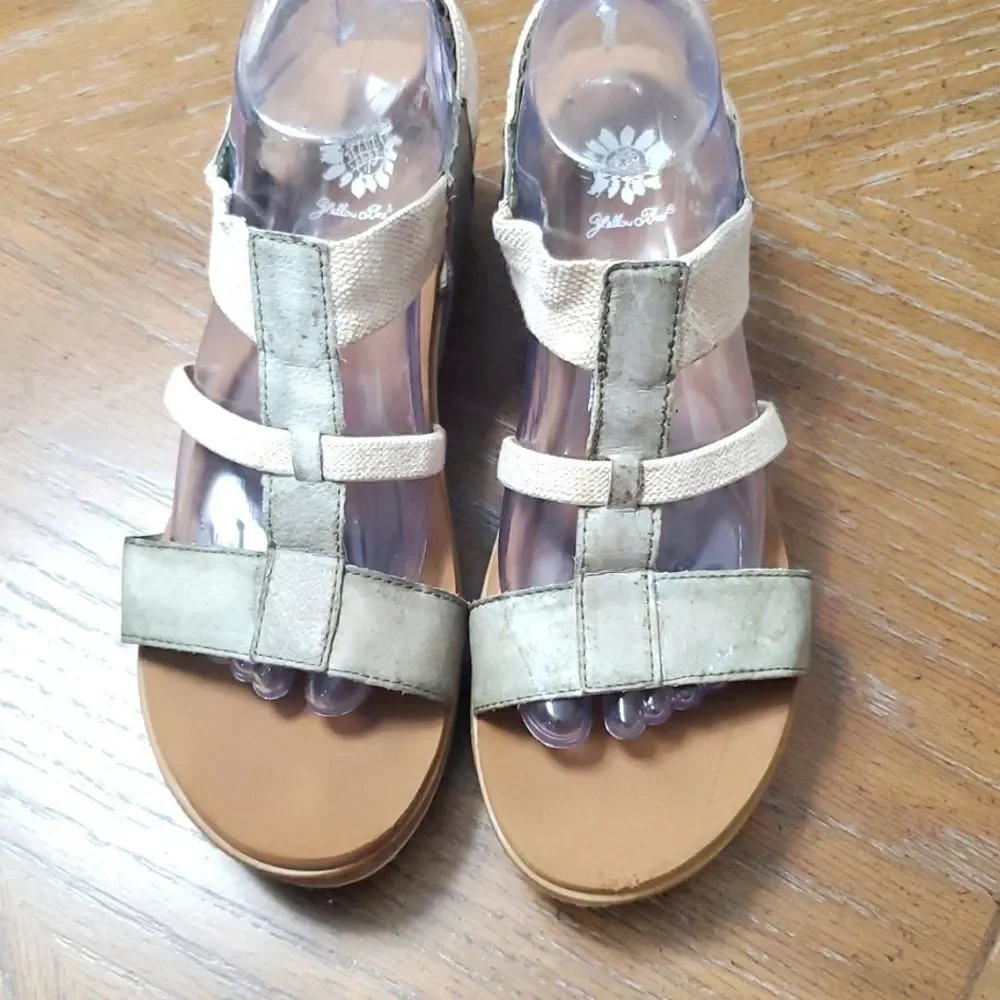 Yellowbox Platform Leather Green/ beige stacked wedge sandal 8.5 - Picture 3 of 9
